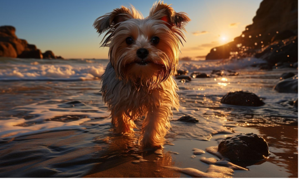 A golden king cavalier walks in the water with his cute smily face.