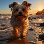 A golden king cavalier walks in the water with his cute smily face.