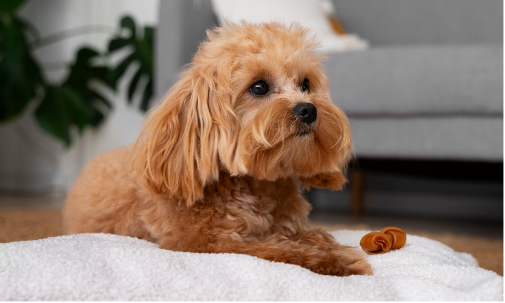 A king cavalier dog sitting at bed in his beautiful mode