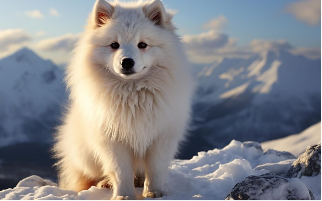 A white king cavalier stands at snowy place. In the background of this image are Mountains.