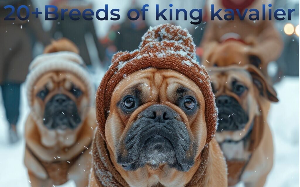 Golden king cavalier dogs are walks in ice falling area. The background of image is blur.