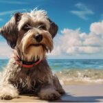 A dog relaxes on the beach, with the vast ocean stretching out behind it, creating a serene coastal scene.