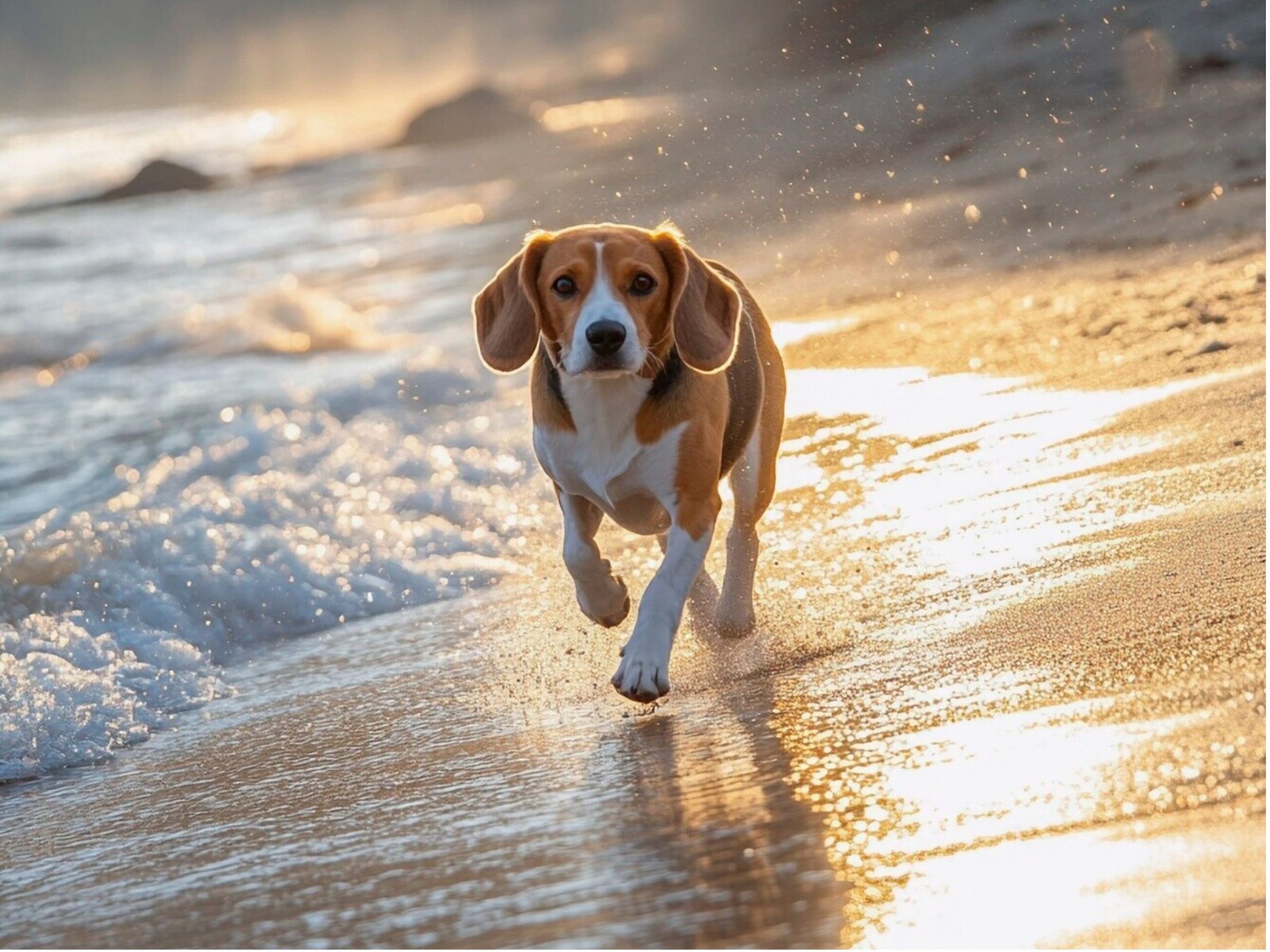 A beagle joyfully running along the sandy beach, with waves gently crashing in the background under a clear blue sky.