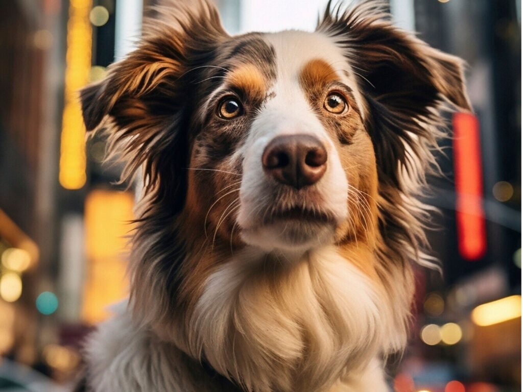 A dog gazes directly at the camera, set against a bustling city backdrop.