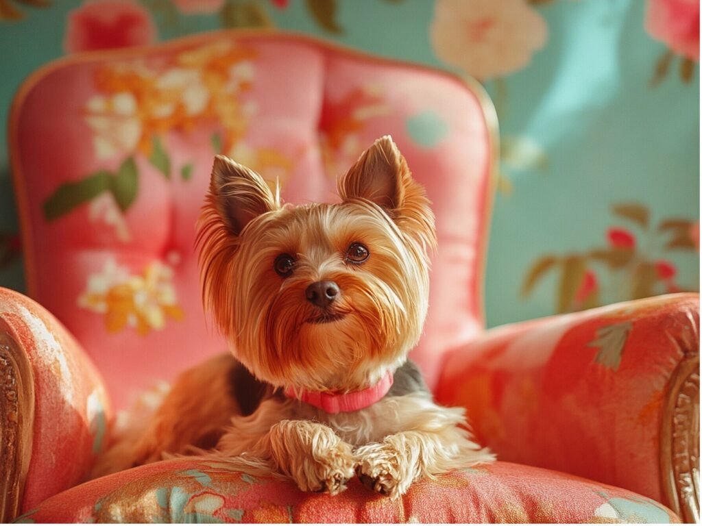 A Yorkshire Terrier sits comfortably on a pink chair, showcasing its adorable features and playful demeanor.