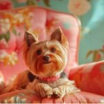 A Yorkshire Terrier sits comfortably on a pink chair, showcasing its adorable features and playful demeanor.