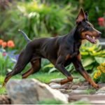 A doberman dog sprinting joyfully through a vibrant garden filled with blooming flowers and lush greenery.