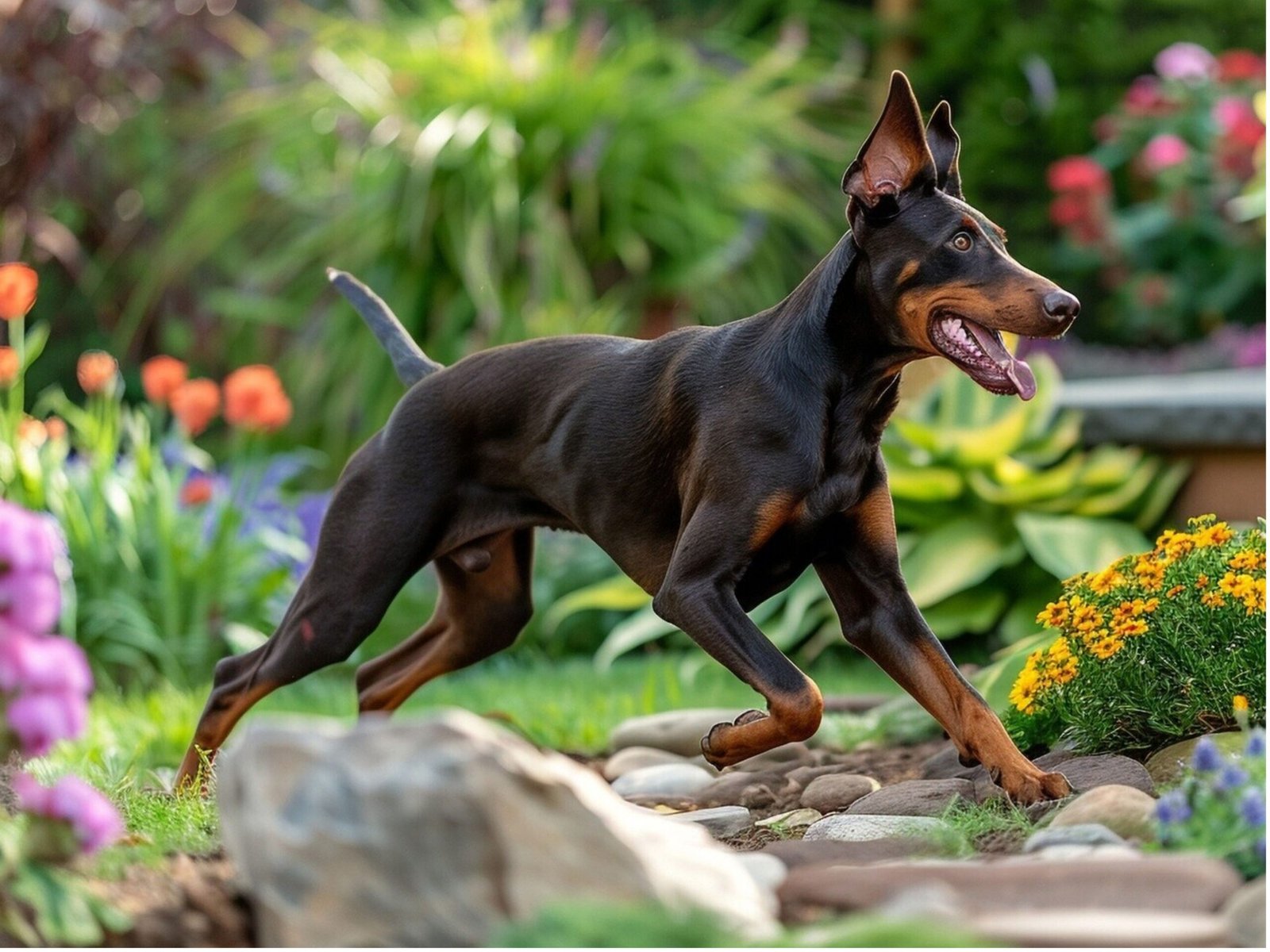 A doberman dog sprinting joyfully through a vibrant garden filled with blooming flowers and lush greenery.