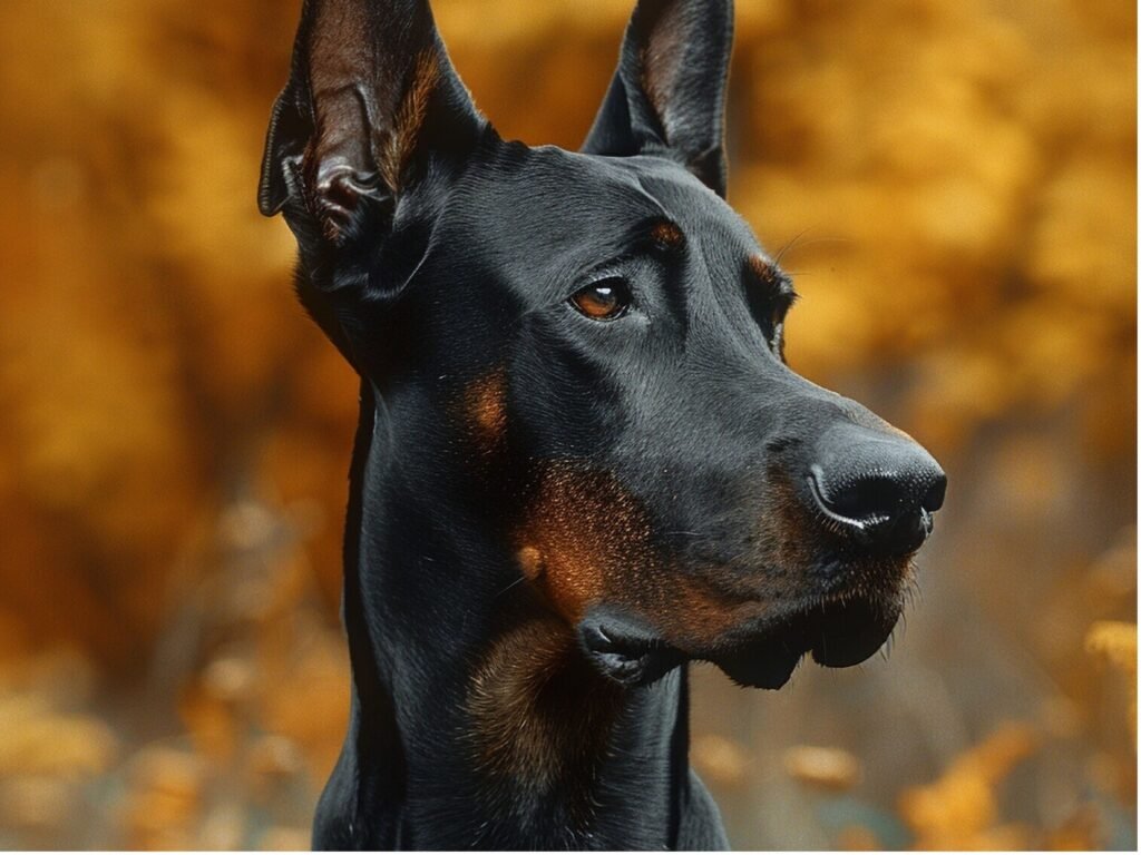 A black and tan Doberman dog gazes to the side, showcasing its sleek coat and attentive expression.
