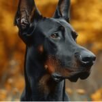 A black and tan Doberman dog gazes to the side, showcasing its sleek coat and attentive expression.