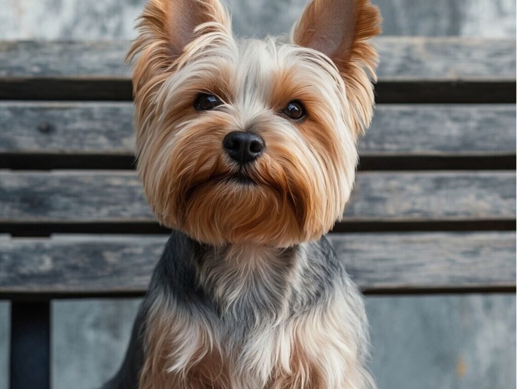 A Yorkshire Terrier perched on a wooden bench, showcasing its fluffy coat and attentive expression in a serene setting.