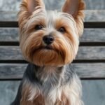 A Yorkshire Terrier perched on a wooden bench, showcasing its fluffy coat and attentive expression in a serene setting.