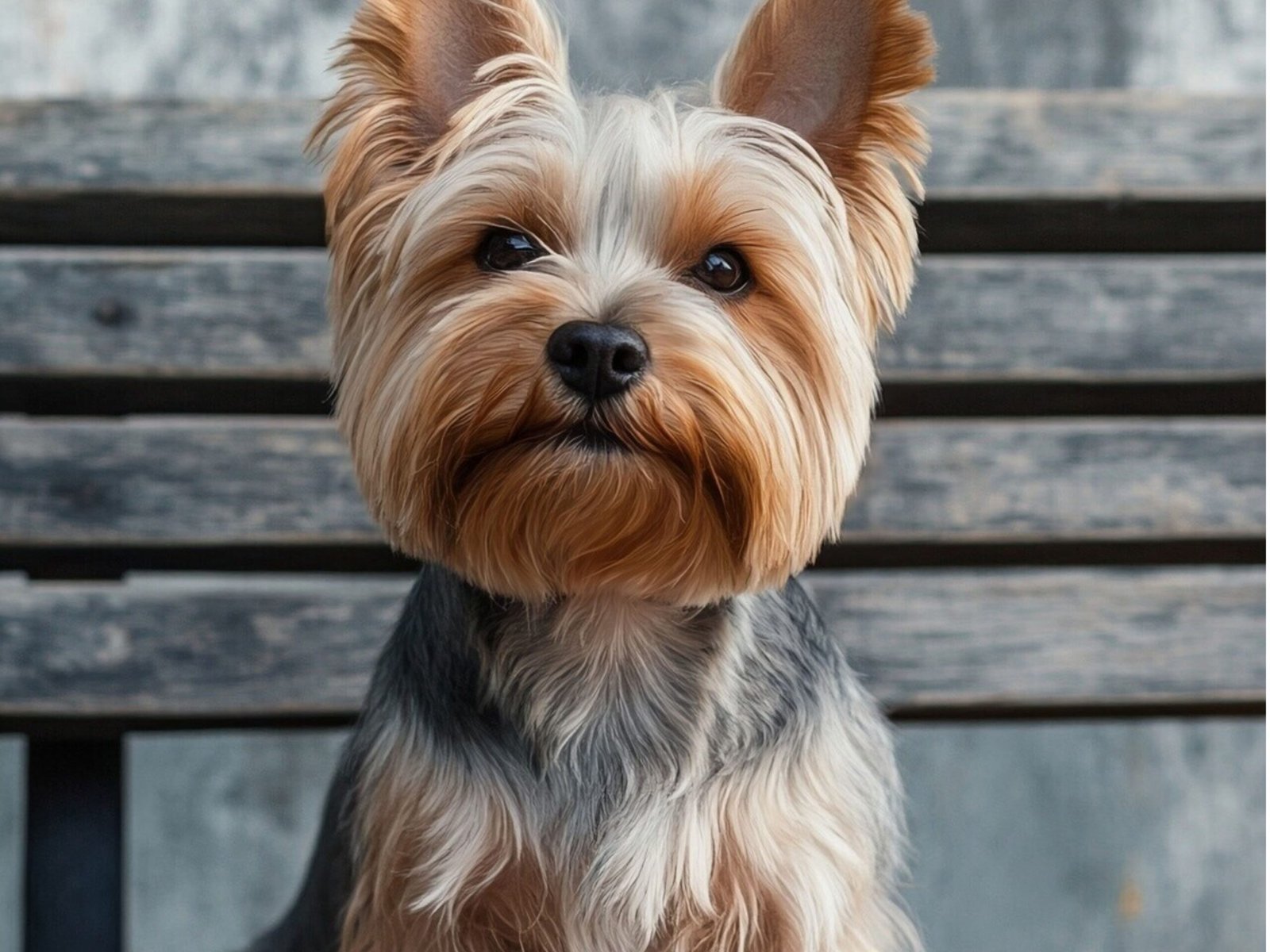 A Yorkshire Terrier perched on a wooden bench, showcasing its fluffy coat and attentive expression in a serene setting.