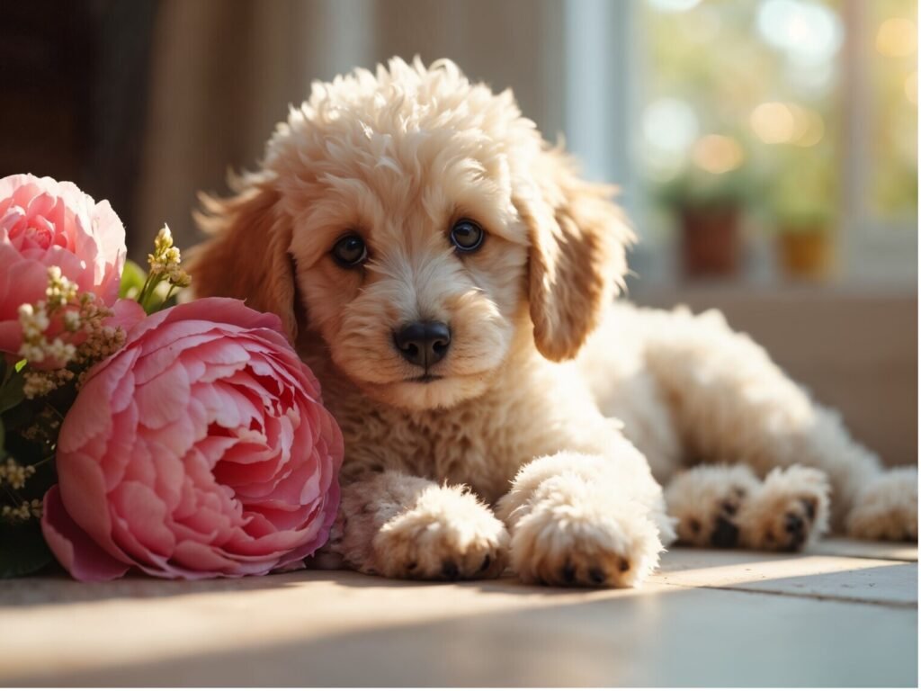 A puppy surrounded by pink flowers, resting peacefully on the floor, exuding a sense of tranquility and charm.